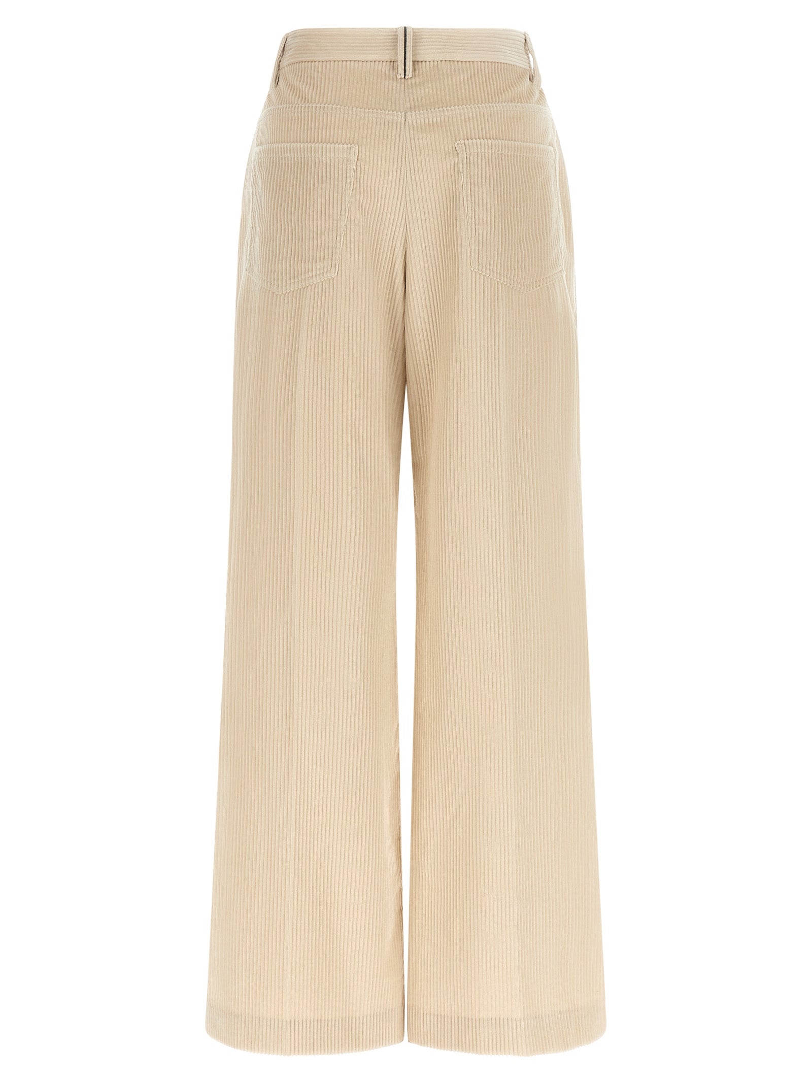 Trousers by Brunello Cucinelli for women in cotton corduroy beige features an on trend silhouette, showcasing a sophisticated wide with a long and high rise for an on trend finish.