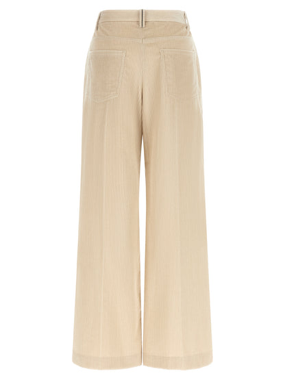 Trousers by Brunello Cucinelli for women in cotton corduroy beige features an on trend silhouette, showcasing a sophisticated wide with a long and high rise for an on trend finish.