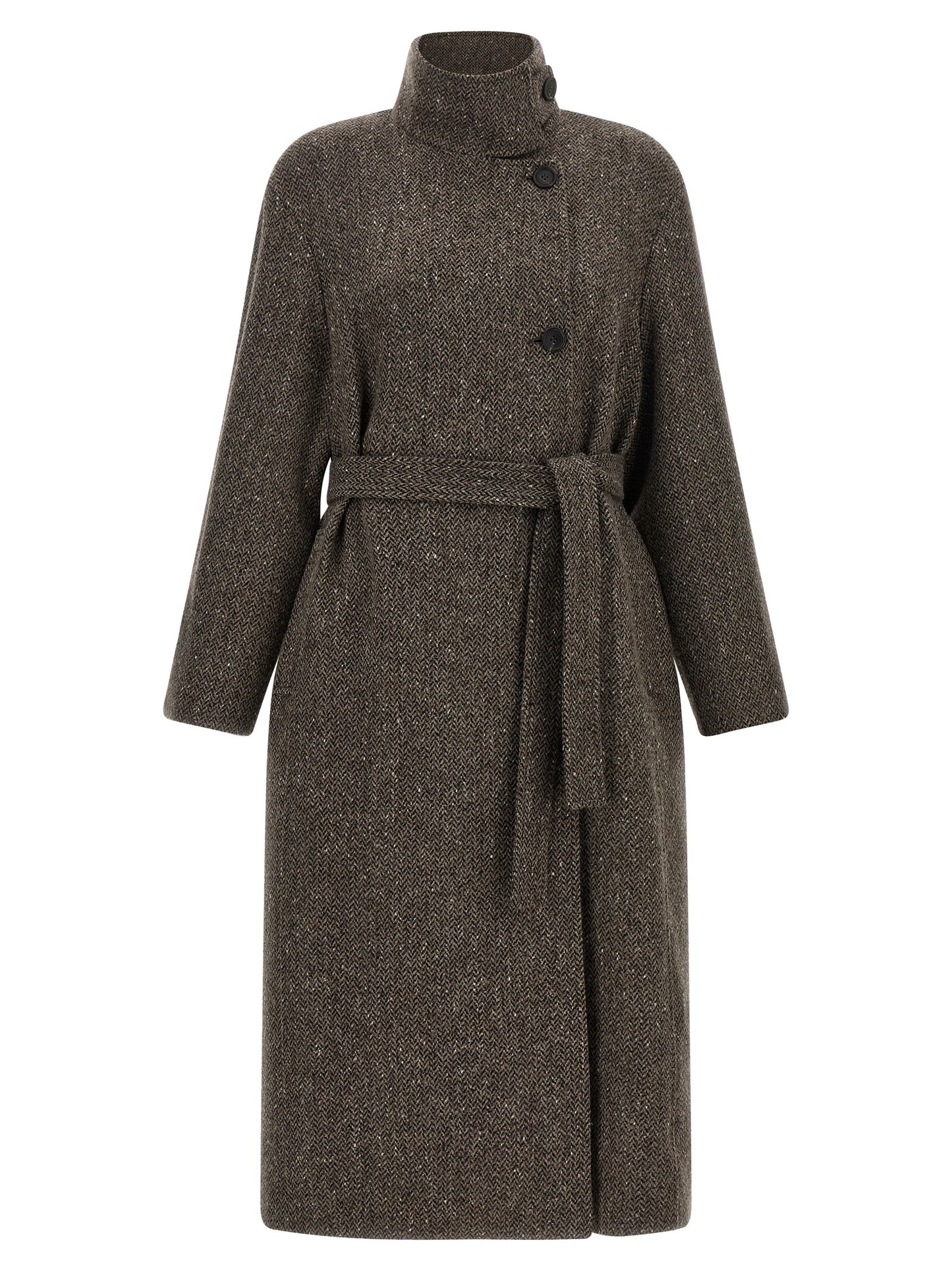 Overcoat by Brunello Cucinelli for women in silk crepe & virgin wool brown, patterned & chevron features an voluminous silhouette, showcasing distinct and a voluminous split high-collar neckline for a truly voluminous aesthetic.