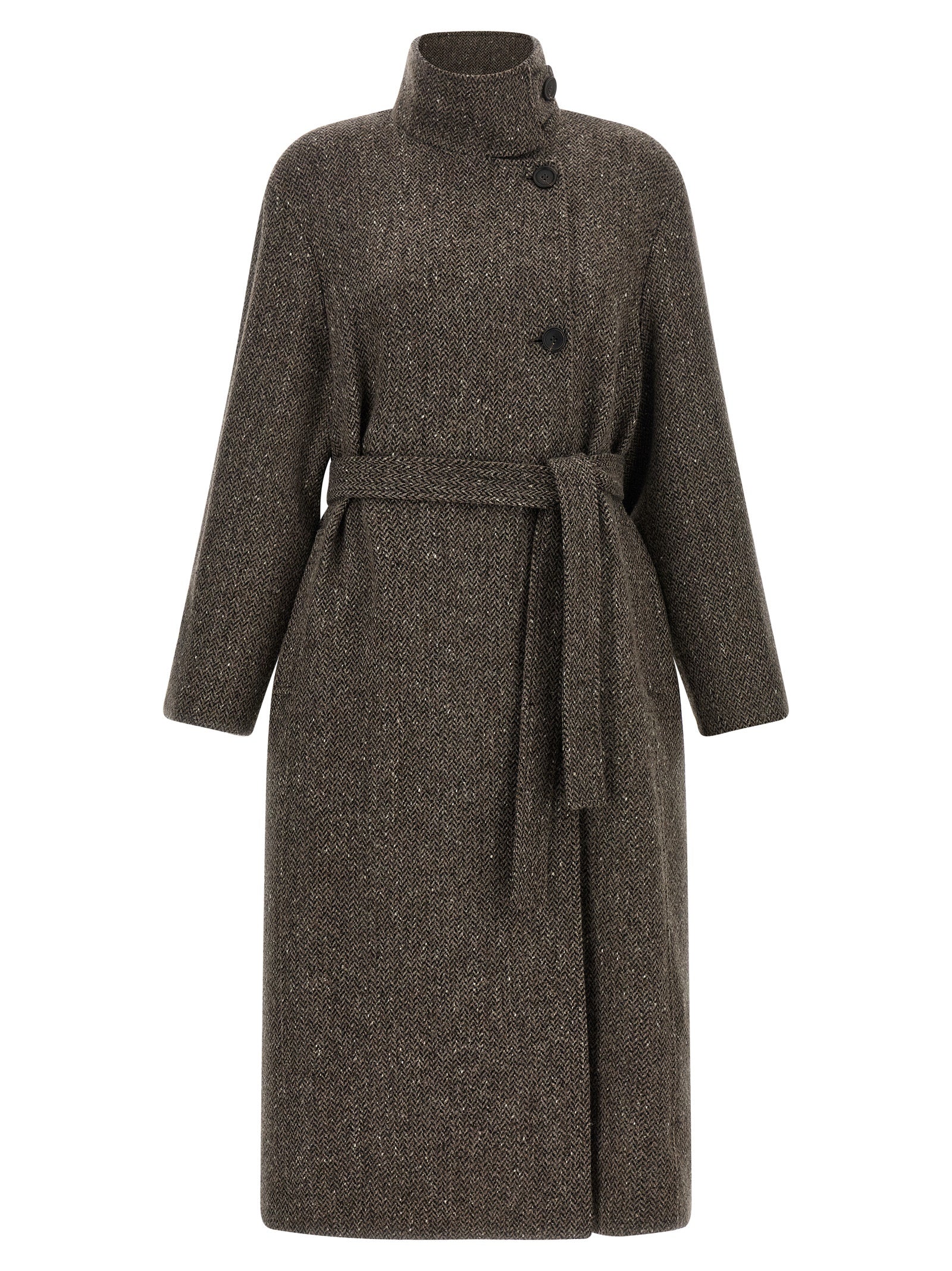 Overcoat by Brunello Cucinelli for women in silk crepe & virgin wool brown, patterned & chevron features an voluminous silhouette, showcasing distinct and a voluminous split high-collar neckline for a truly voluminous aesthetic.
