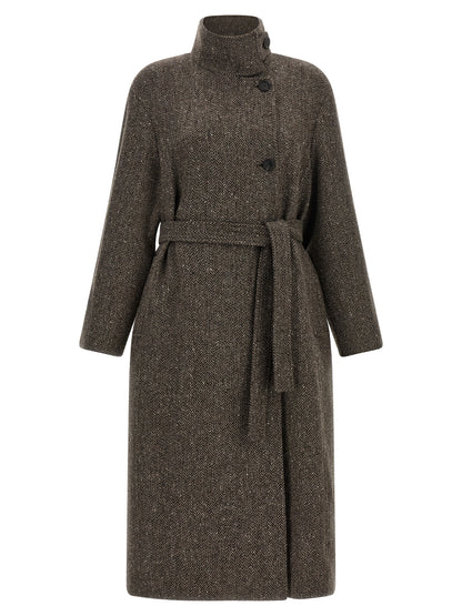 Overcoat by Brunello Cucinelli for women in silk crepe & virgin wool brown, patterned & chevron features an voluminous silhouette, showcasing distinct and a voluminous split high-collar neckline for a truly voluminous aesthetic.