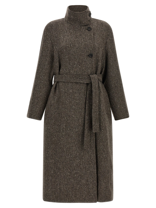 Overcoat by Brunello Cucinelli for women in silk crepe & virgin wool brown, patterned, chevron & signature showcases a architectural silhouette, artfully detailed with a distinctive split high-collar neckline and functional for a architectural finish.