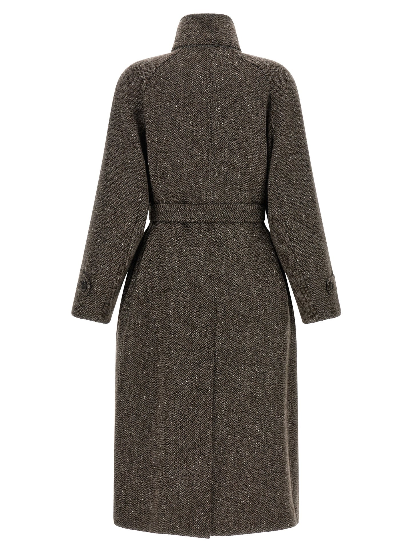 Overcoat by Brunello Cucinelli for women in silk crepe & virgin wool brown, patterned & chevron features a contemporary silhouette showcasing a contemporary split high-collar neckline and refined for a sophisticated finish.