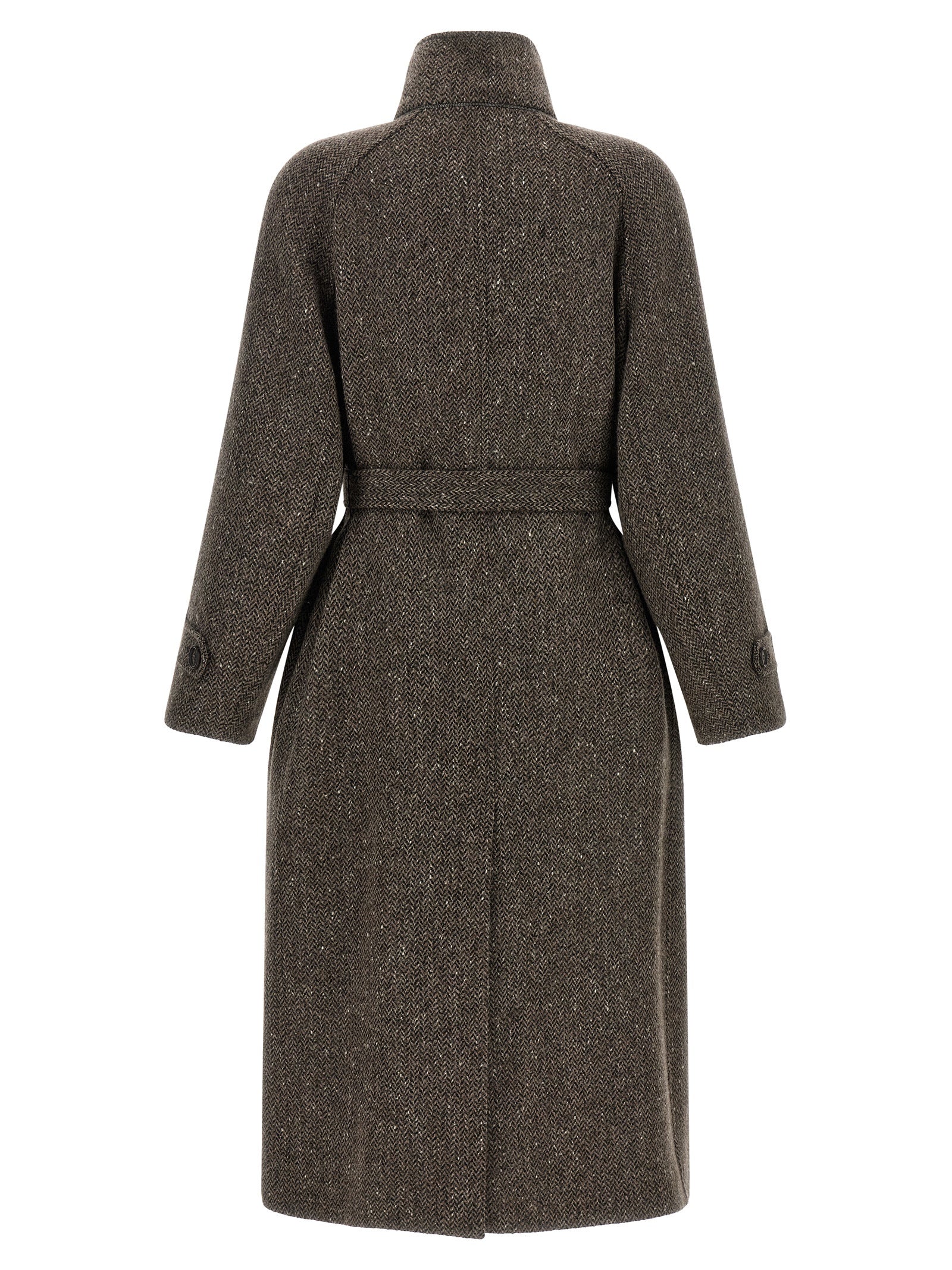 Overcoat by Brunello Cucinelli for women in silk crepe & virgin wool brown, patterned & chevron features a contemporary silhouette showcasing a contemporary split high-collar neckline and refined for a sophisticated finish.