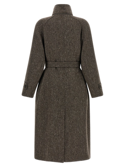 Overcoat by Brunello Cucinelli for women in silk crepe & virgin wool brown, patterned & chevron features a contemporary silhouette showcasing a contemporary split high-collar neckline and refined for a sophisticated finish.