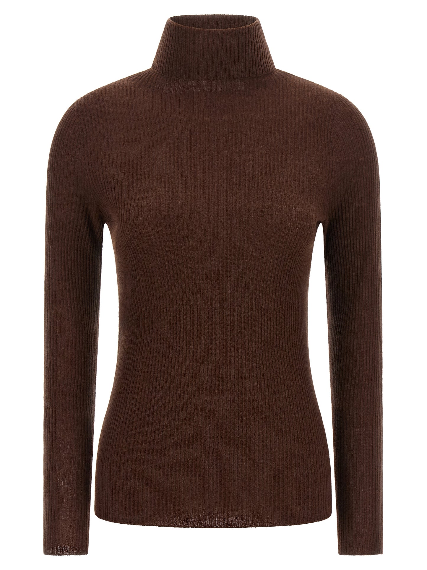 Cardigan by Fabiana Filippi for women in silk cashmere virgin wool brown features an crisp silhouette, showcasing a sophisticated turtle high-neck neckline and long-sleeve detail for a truly crisp finish.