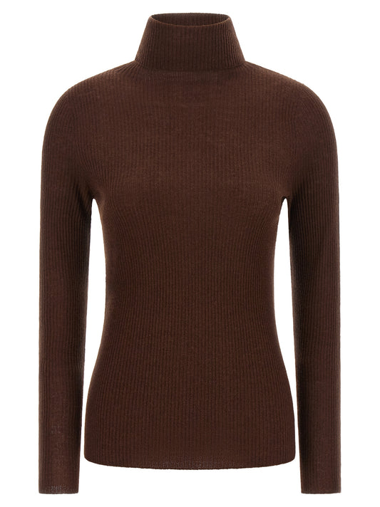 Cardigan by Fabiana Filippi for women in silk cashmere virgin wool brown features an crisp silhouette, showcasing a sophisticated turtle high-neck neckline and long-sleeve detail for a truly crisp finish.