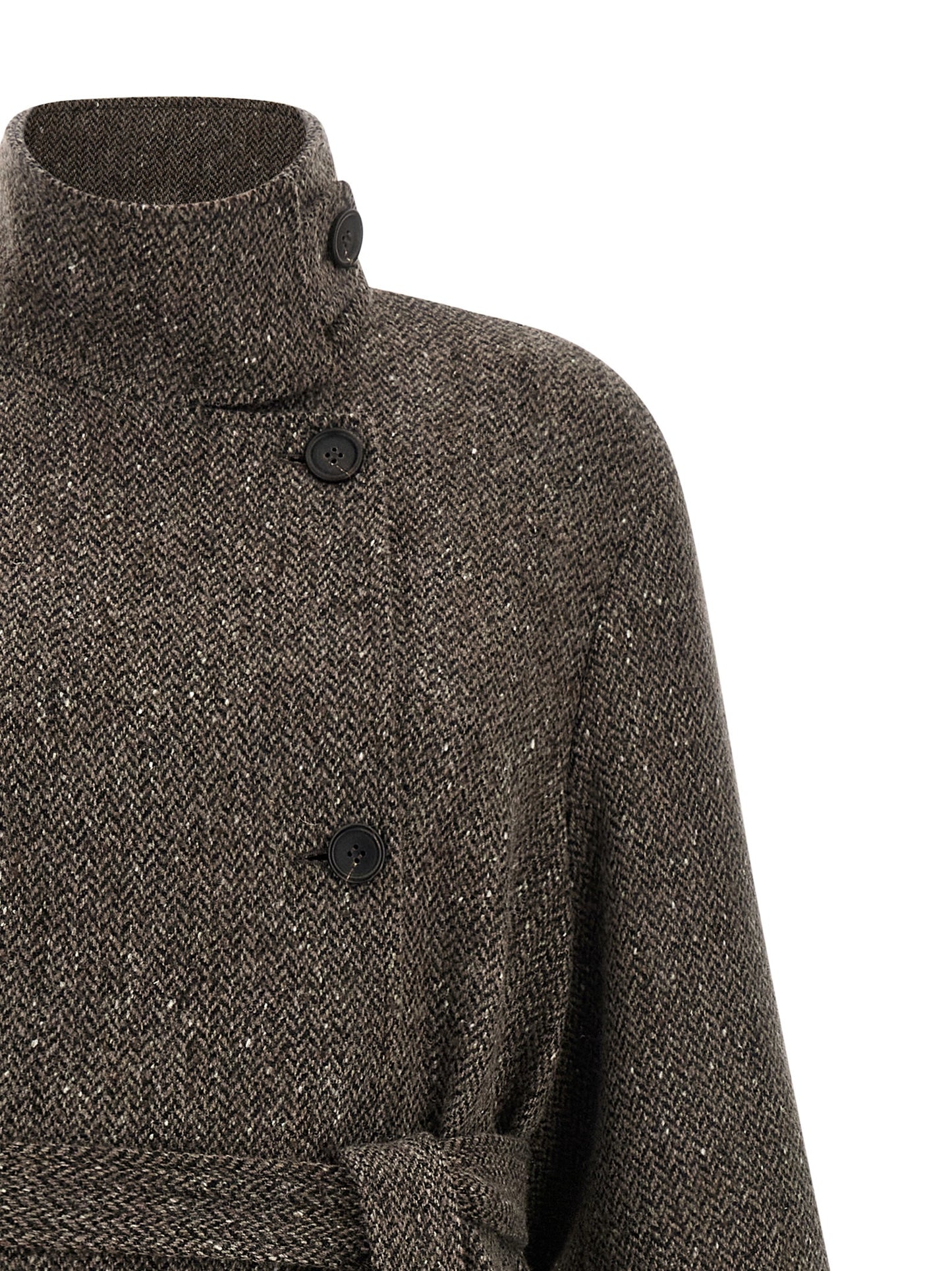 Overcoat by Brunello Cucinelli for women in silk crepe & virgin wool brown, patterned & chevron features an satoral silhouette, showcasing a sophisticated split high-collar neckline and satoral for a premium, timeless look.