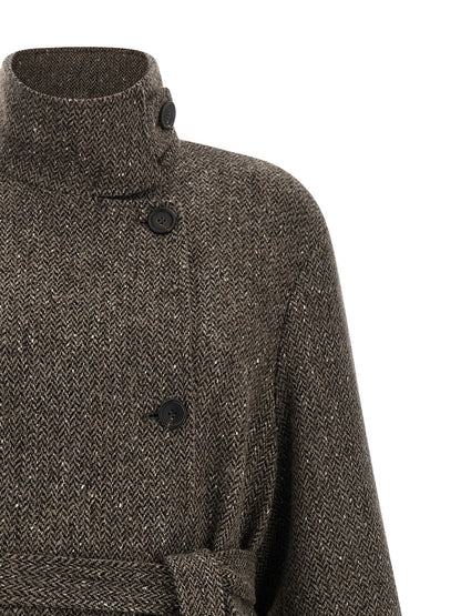 Overcoat by Brunello Cucinelli for women in silk crepe & virgin wool brown, patterned & chevron features an satoral silhouette, showcasing a sophisticated split high-collar neckline and satoral for a premium, timeless look.