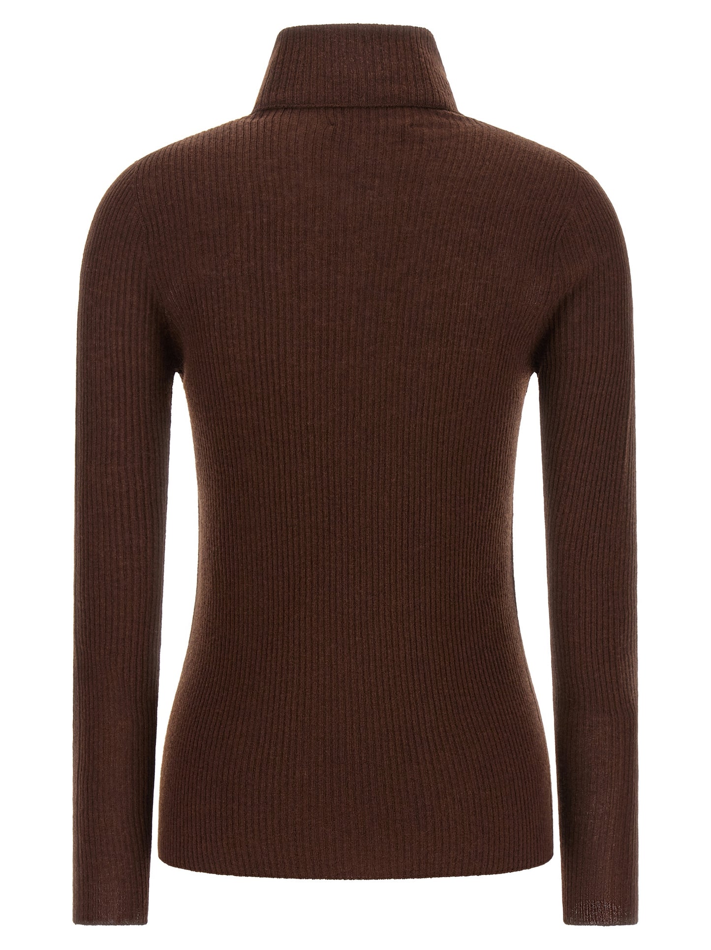 Cardigan by Fabiana Filippi for women in silk cashmere virgin wool brown features a dramatic silhouette, showcasing a sophisticated turtle high-neck neckline and dramatic detail for a timeless, premium look.