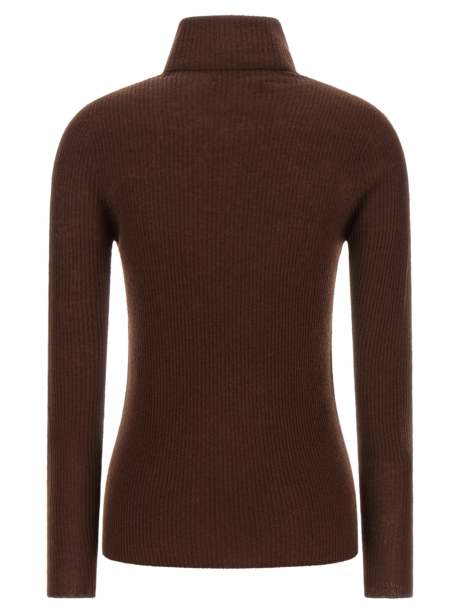Cardigan by Fabiana Filippi for women in silk cashmere virgin wool brown features a dramatic silhouette, showcasing a sophisticated turtle high-neck neckline and dramatic detail for a timeless, premium look.