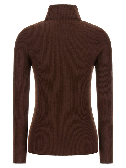 Cardigan by Fabiana Filippi for women in silk cashmere virgin wool brown features a dramatic silhouette, showcasing a sophisticated turtle high-neck neckline and dramatic detail for a timeless, premium look.