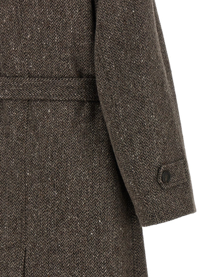 Overcoat by Brunello Cucinelli for women in silk crepe & virgin wool brown, patterned & chevron presents a luxurious silhouette, showcasing a luxurious and sophisticated for a premium, luxurious look.