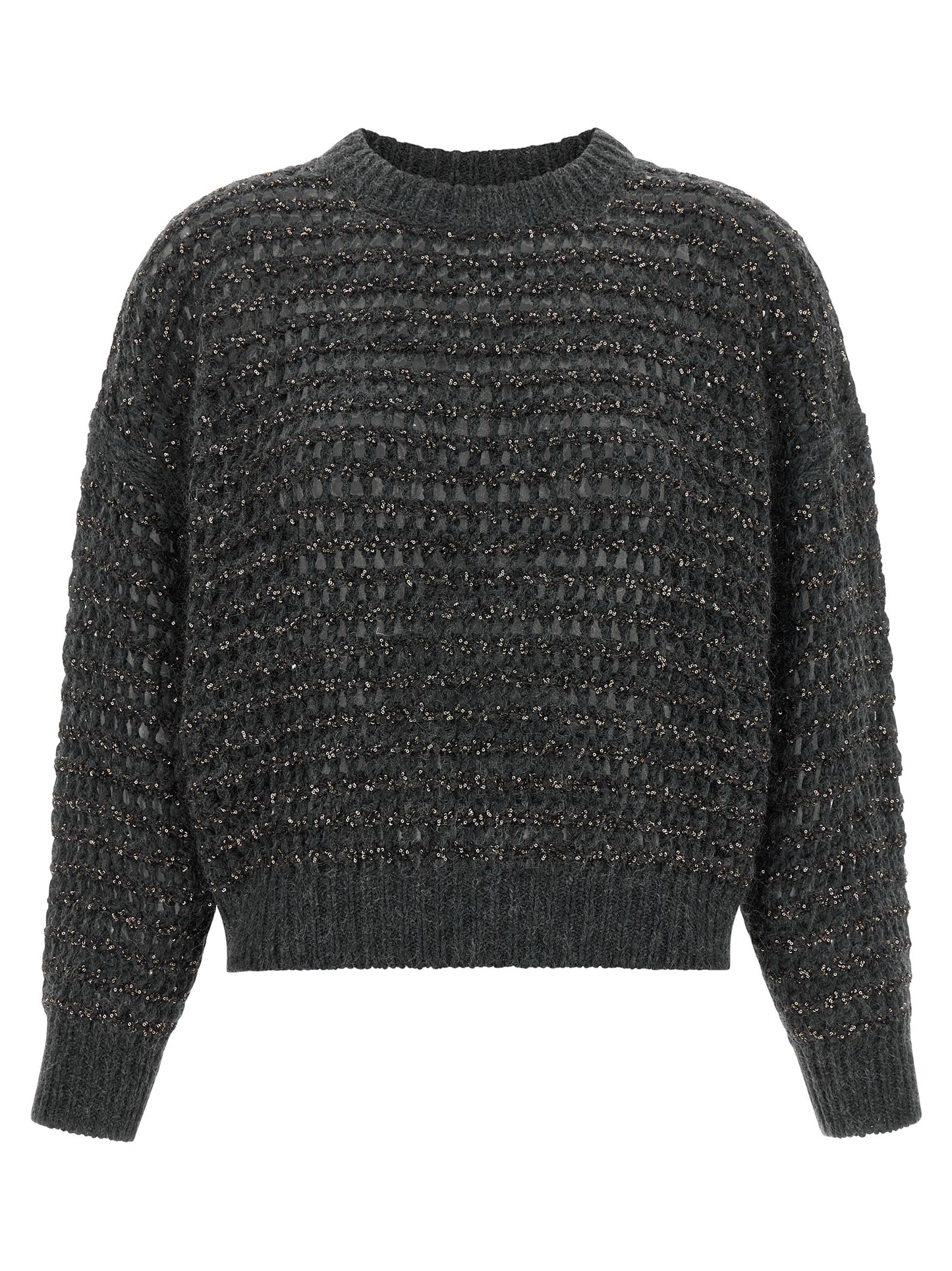 Cardigan by Brunello Cucinelli for women in cashmere wool & sequins gray & striped features a nuanced silhouette with a refined round neckline and nuanced detailing for a sophisticated look.