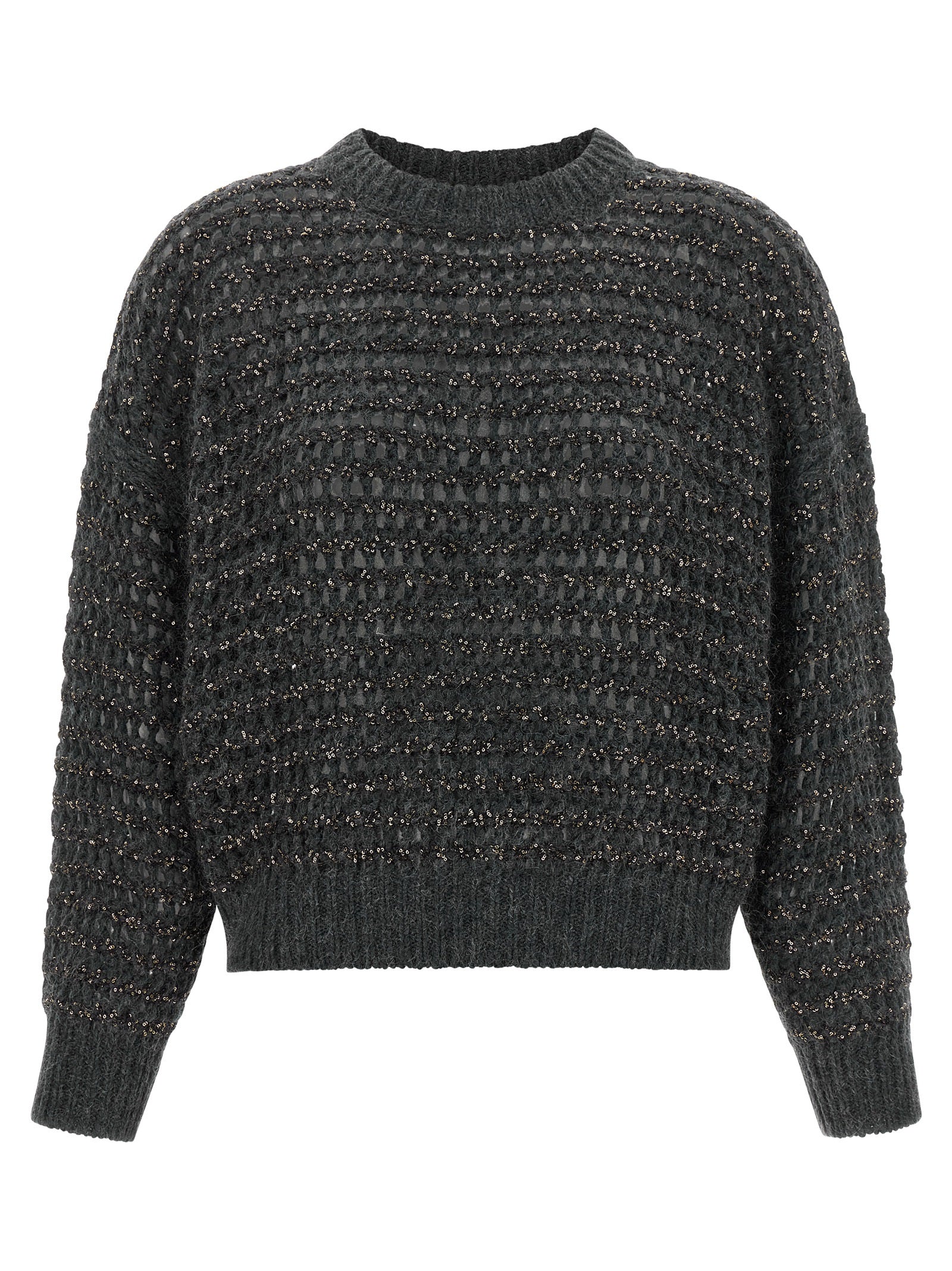 Cardigan by Brunello Cucinelli for women in cashmere wool & sequins gray & striped features a nuanced silhouette with a refined round neckline and nuanced detailing for a sophisticated look.