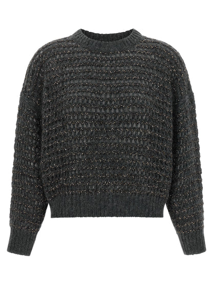 Cardigan by Brunello Cucinelli for women in cashmere wool & sequins gray & striped features a nuanced silhouette with a refined round neckline and nuanced detailing for a sophisticated look.