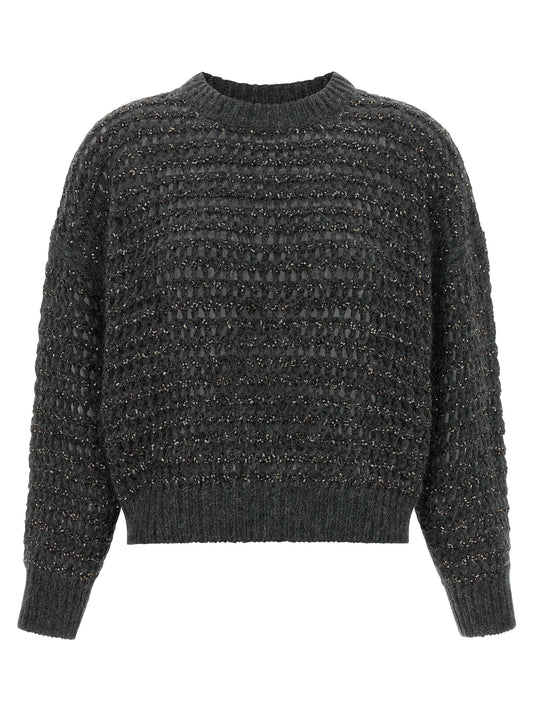 Cardigan by Brunello Cucinelli for women in cashmere wool & sequins gray & striped features a nuanced silhouette with a refined round neckline and nuanced detailing for a sophisticated look.