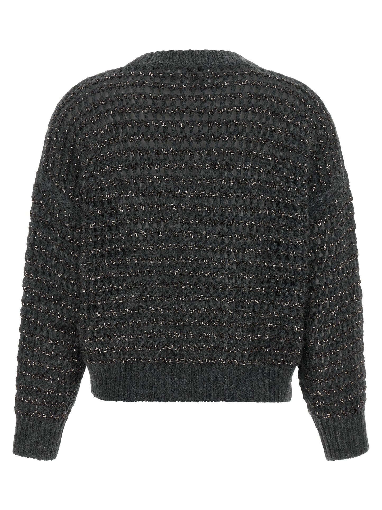 Cardigan by Brunello Cucinelli for women in cashmere wool & sequins gray & striped showcases a captivating silhouette, artfully detailed with a captivating and round neckline for a truly sophisticated captivating look.