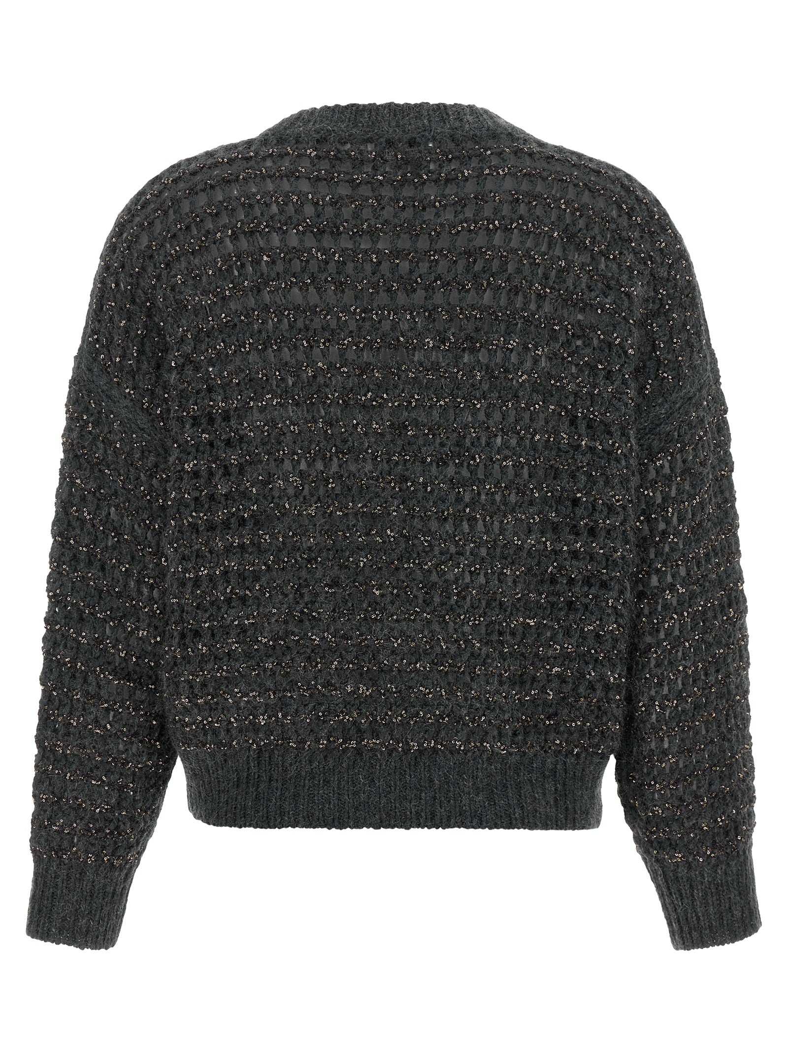 Cardigan by Brunello Cucinelli for women in cashmere wool & sequins gray & striped showcases a captivating silhouette, artfully detailed with a captivating and round neckline for a truly sophisticated captivating look.