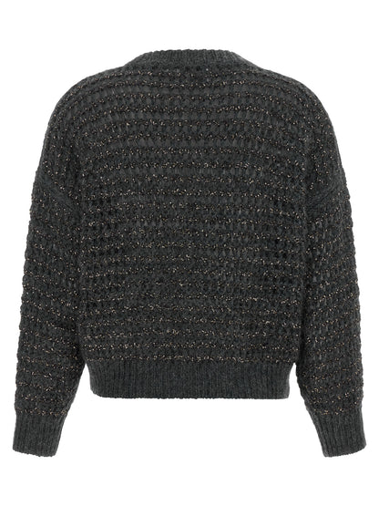Cardigan by Brunello Cucinelli for women in cashmere wool & sequins gray & striped showcases a captivating silhouette, artfully detailed with a captivating and round neckline for a truly sophisticated captivating look.
