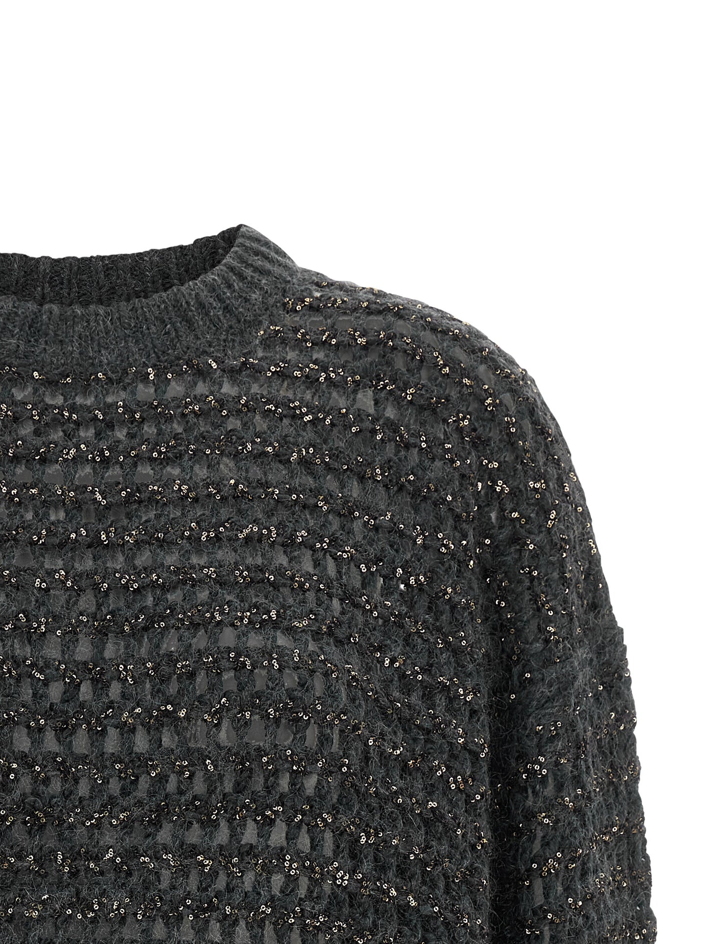 Cardigan by Brunello Cucinelli for women in cashmere wool & sequins gray & striped showcases a luxurious silhouette, meticulously detailed with a sophisticated round neckline and for a refined finish.