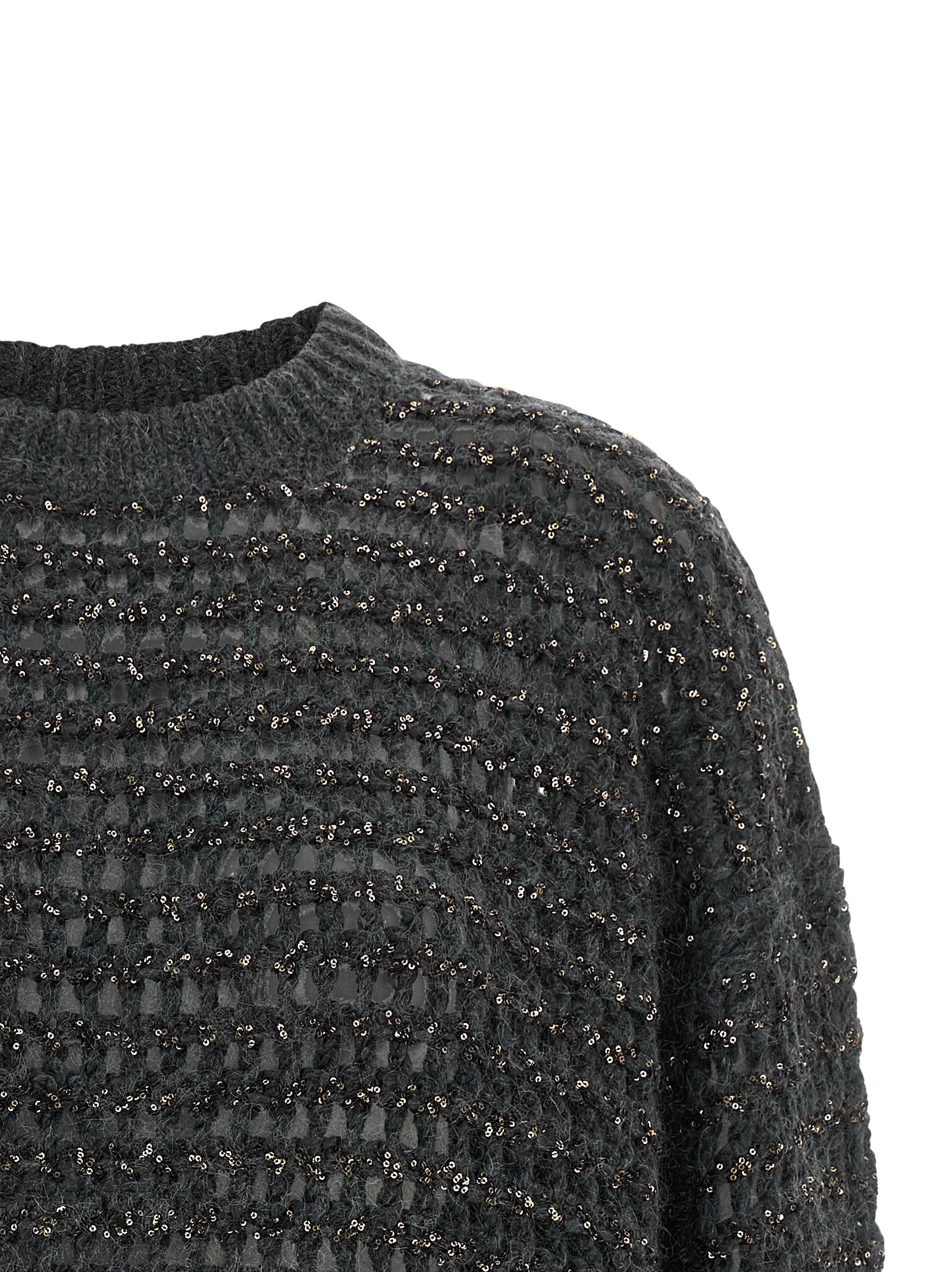 Cardigan by Brunello Cucinelli for women in cashmere wool & sequins gray & striped showcases a luxurious silhouette, meticulously detailed with a sophisticated round neckline and for a refined finish.