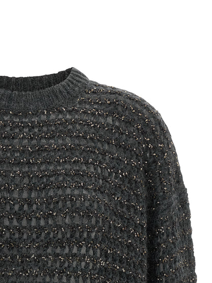Cardigan by Brunello Cucinelli for women in cashmere wool & sequins gray & striped showcases a luxurious silhouette, meticulously detailed with a sophisticated round neckline and for a refined finish.
