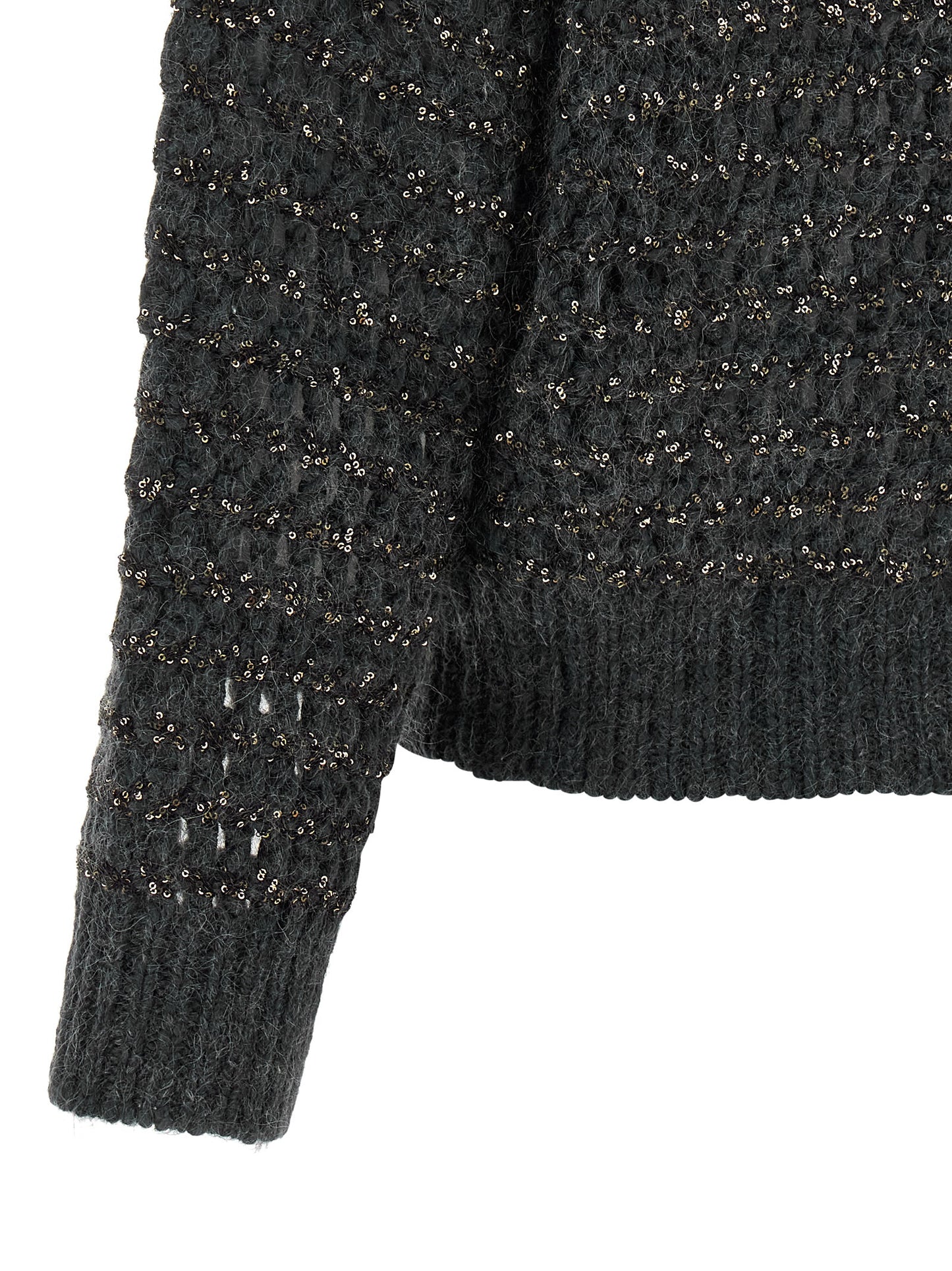 Cardigan by Brunello Cucinelli for women in cashmere wool & sequins gray & striped presents a textural silhouette, artfully finished with a textural and for a sophisticated, textural look.