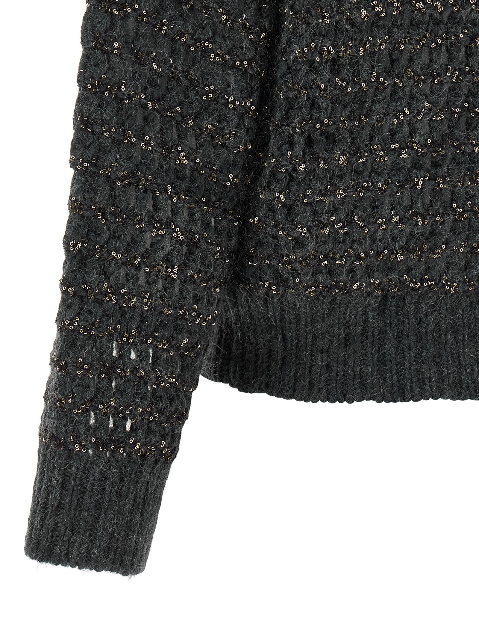 Cardigan by Brunello Cucinelli for women in cashmere wool & sequins gray & striped presents a textural silhouette, artfully finished with a textural and for a sophisticated, textural look.