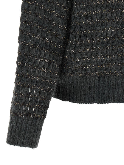 Cardigan by Brunello Cucinelli for women in cashmere wool & sequins gray & striped presents a textural silhouette, artfully finished with a textural and for a sophisticated, textural look.