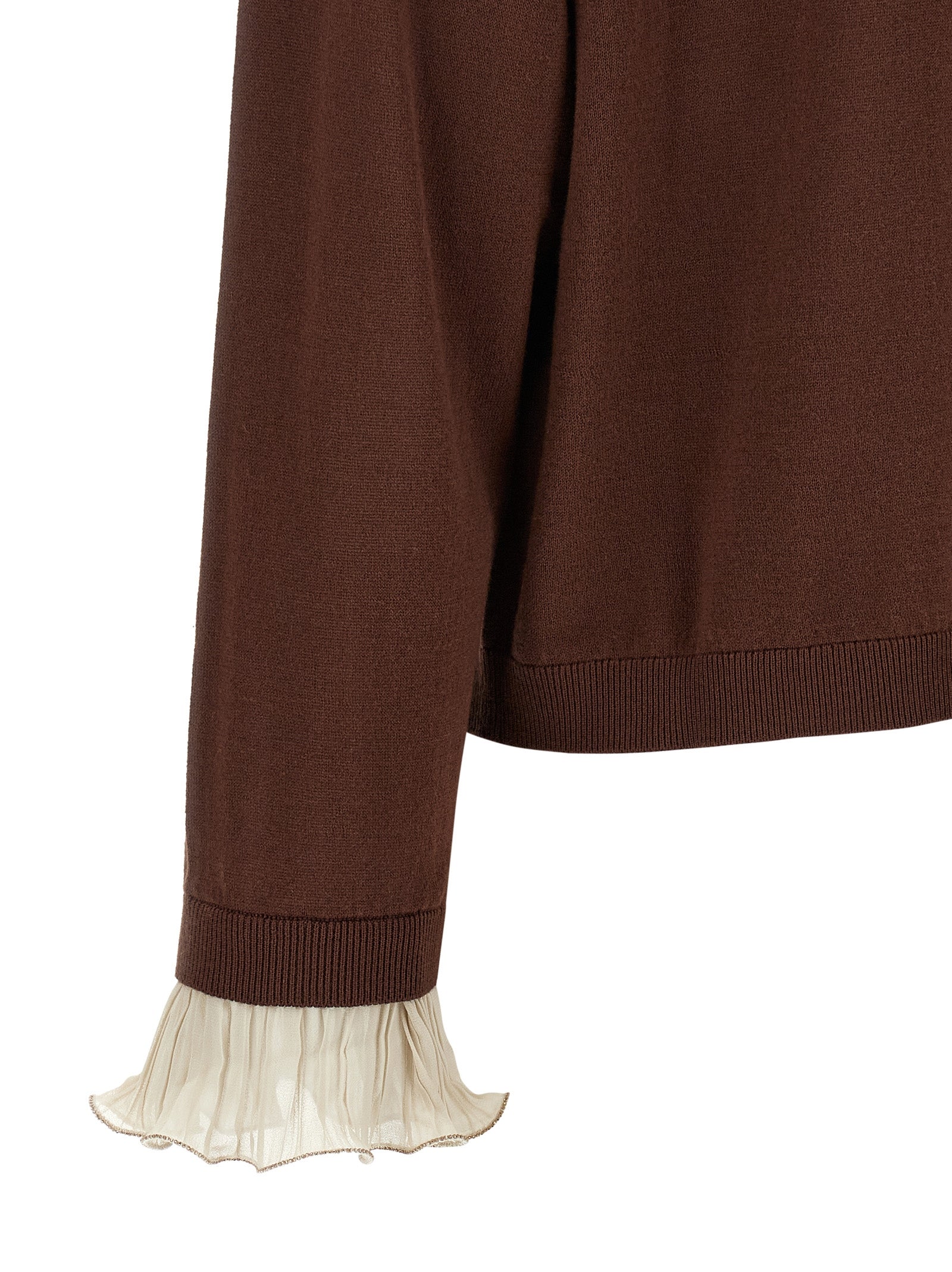 Cardigan by Fabiana Filippi for women in virgin wool & cotton brown features a dramatic silhouette, showcasing a sophisticated and dramatic detail for a timeless, premium look.