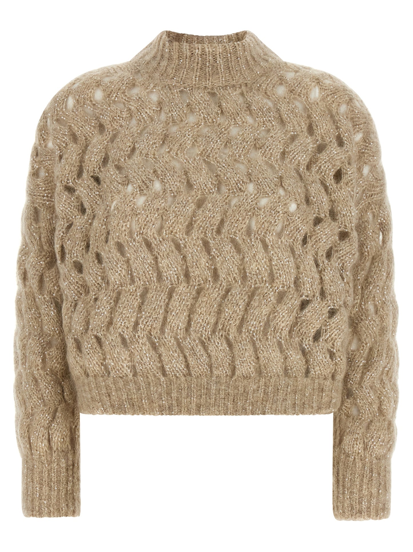 Cardigan by Brunello Cucinelli for women in mohair wool & sequins beige, sand & patterned presents a textural silhouette, artfully finished with a textural turtle high-neck neckline and for a sophisticated, textural look.