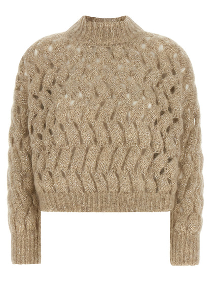 Cardigan by Brunello Cucinelli for women in mohair wool & sequins beige, sand & patterned presents a textural silhouette, artfully finished with a textural turtle high-neck neckline and for a sophisticated, textural look.