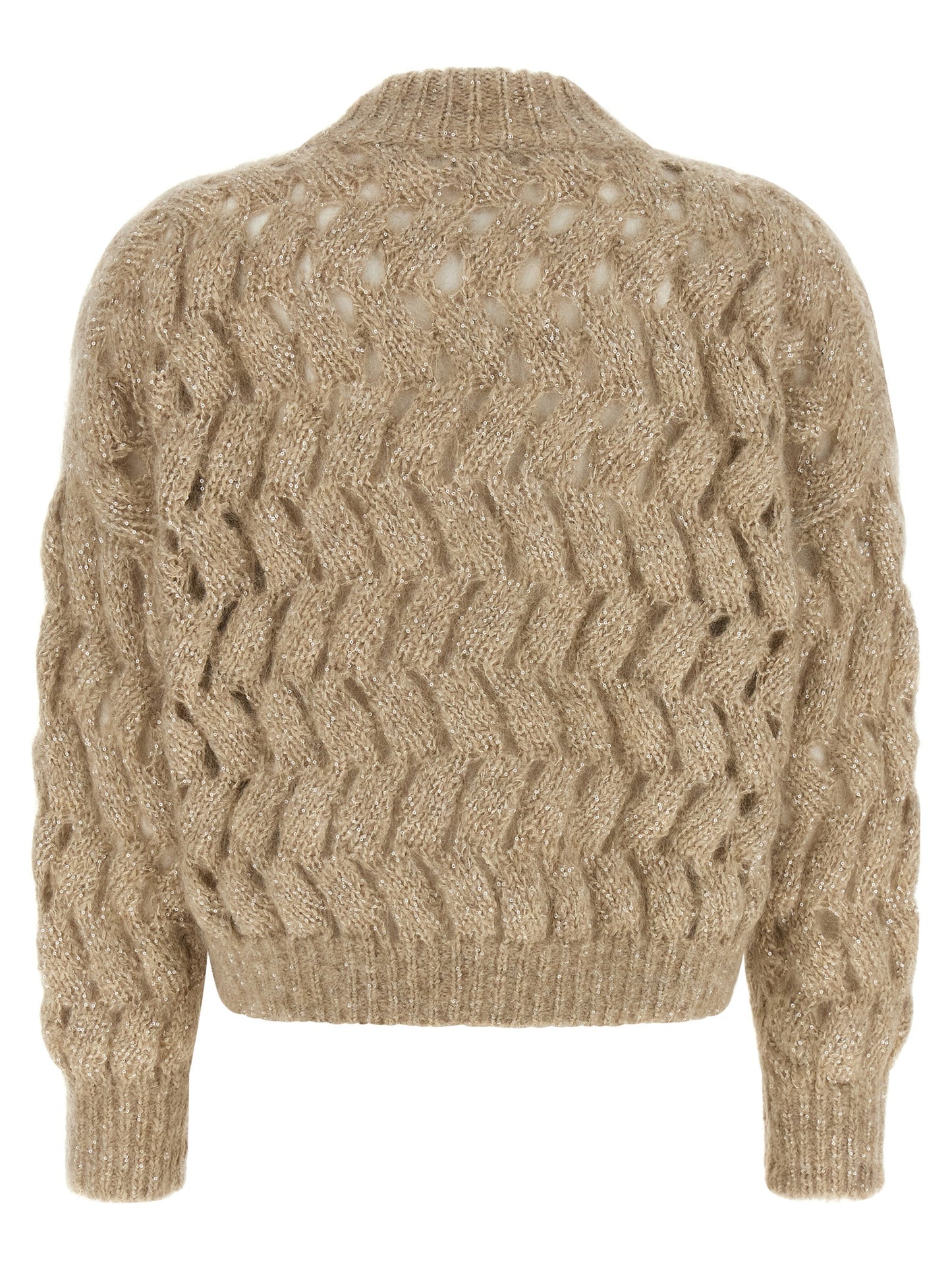Cardigan by Brunello Cucinelli for women in mohair wool & sequins beige, sand & patterned showcases a luxurious silhouette, meticulously detailed with a sophisticated turtle high-neck neckline and for a refined finish.