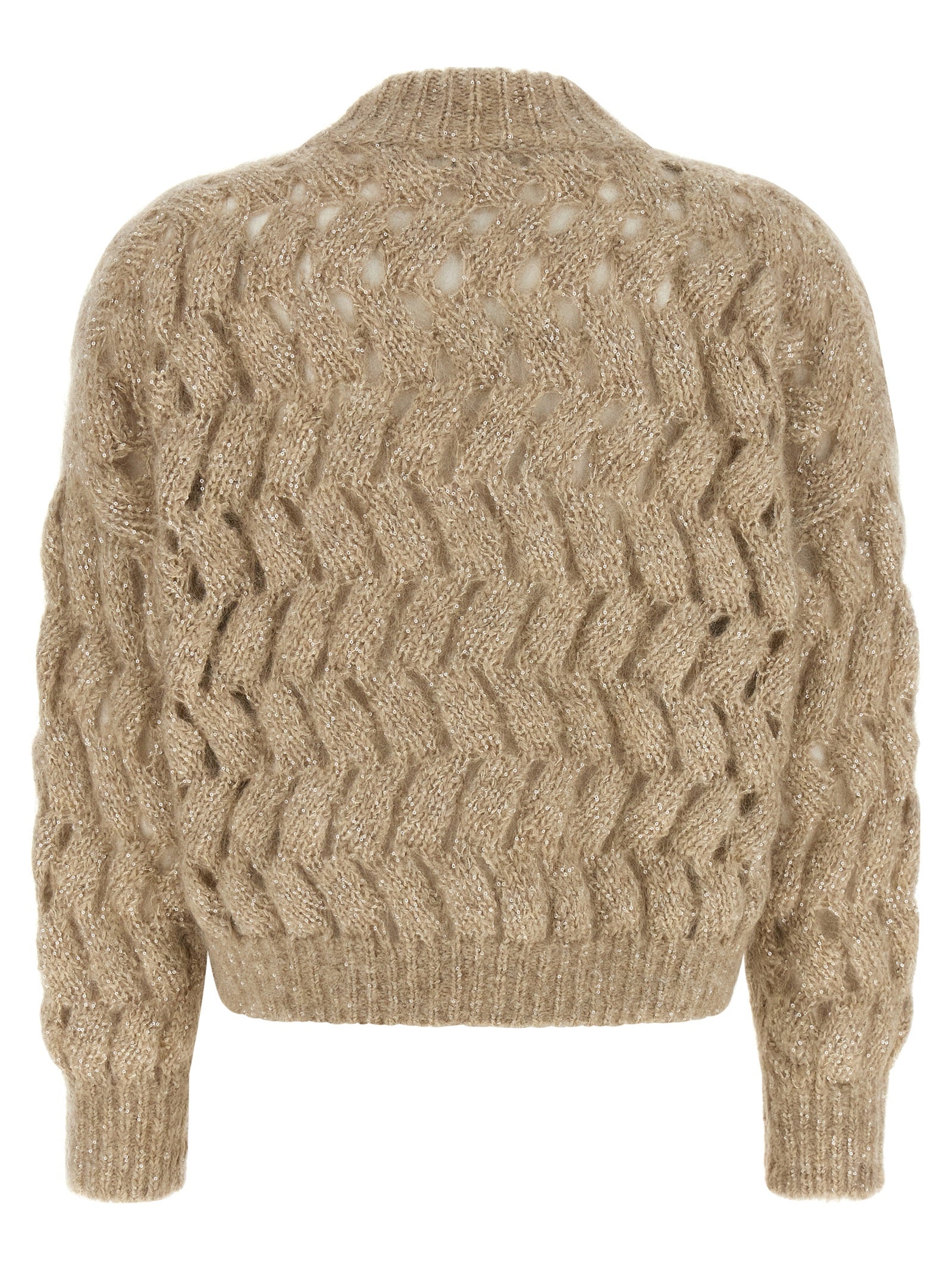 Cardigan by Brunello Cucinelli for women in mohair wool & sequins beige, sand & patterned showcases a luxurious silhouette, meticulously detailed with a sophisticated turtle high-neck neckline and for a refined finish.