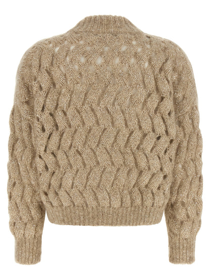 Cardigan by Brunello Cucinelli for women in mohair wool & sequins beige, sand & patterned showcases a luxurious silhouette, meticulously detailed with a sophisticated turtle high-neck neckline and for a refined finish.