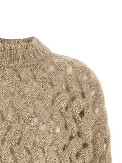 Cardigan by Brunello Cucinelli for women in mohair wool & sequins beige, sand & patterned showcases a captivating silhouette, artfully detailed with a captivating and turtle high-neck neckline for a truly sophisticated captivating look.