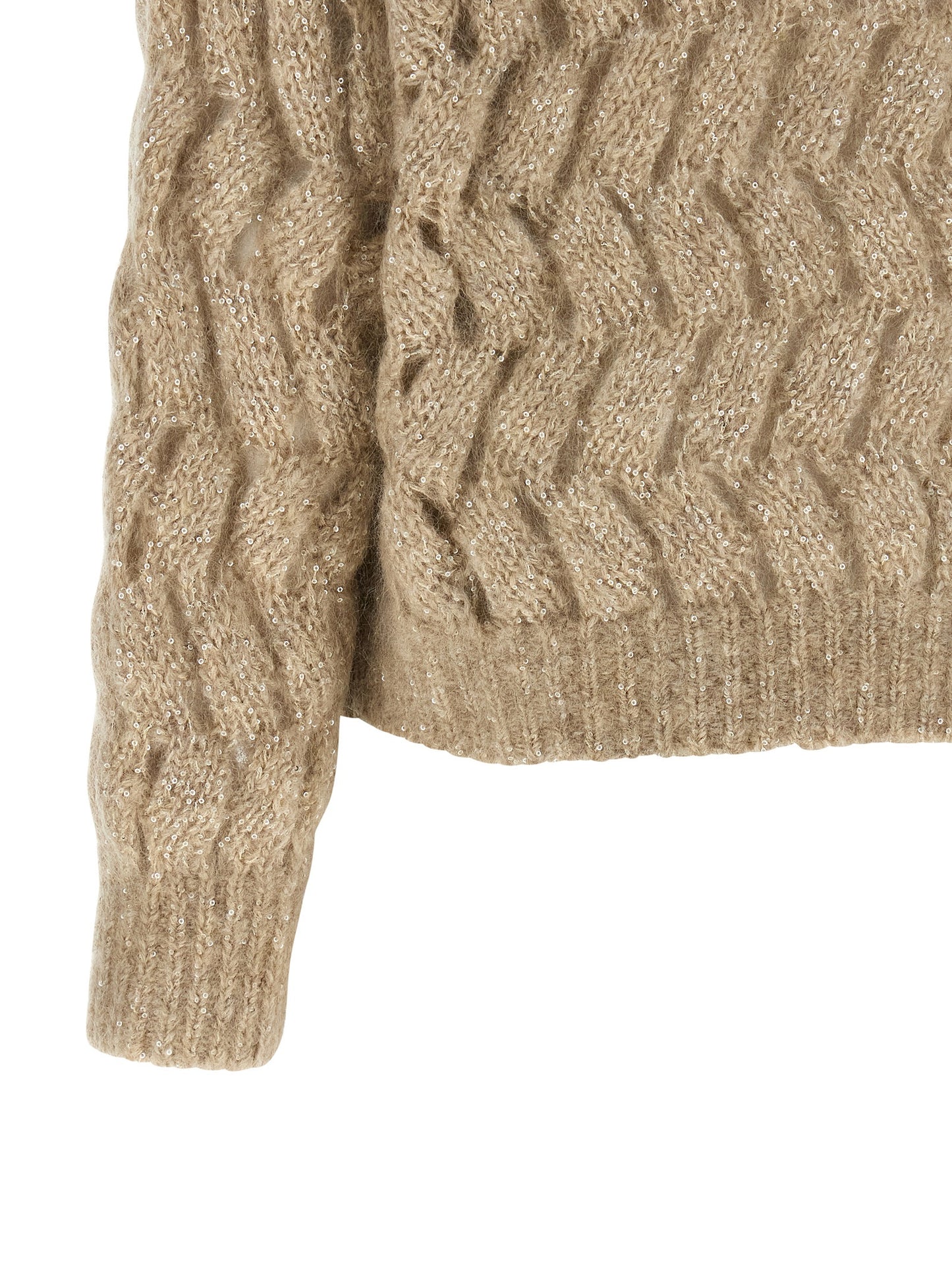 Cardigan by Brunello Cucinelli for women in mohair wool & sequins beige, sand & patterned features a dramatic silhouette, showcasing a sophisticated and dramatic detail for a timeless, premium look.