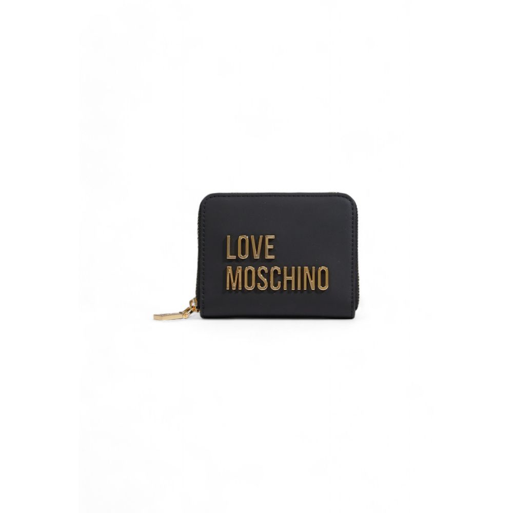 Wallet by Love Moschino for women in polyethylene & polyurethane black & gold presents a streamlined silhouette, showcasing the sophisticated design of the Polyethylene & Polyurethane Wallet collection with functional compact-design zip-around.