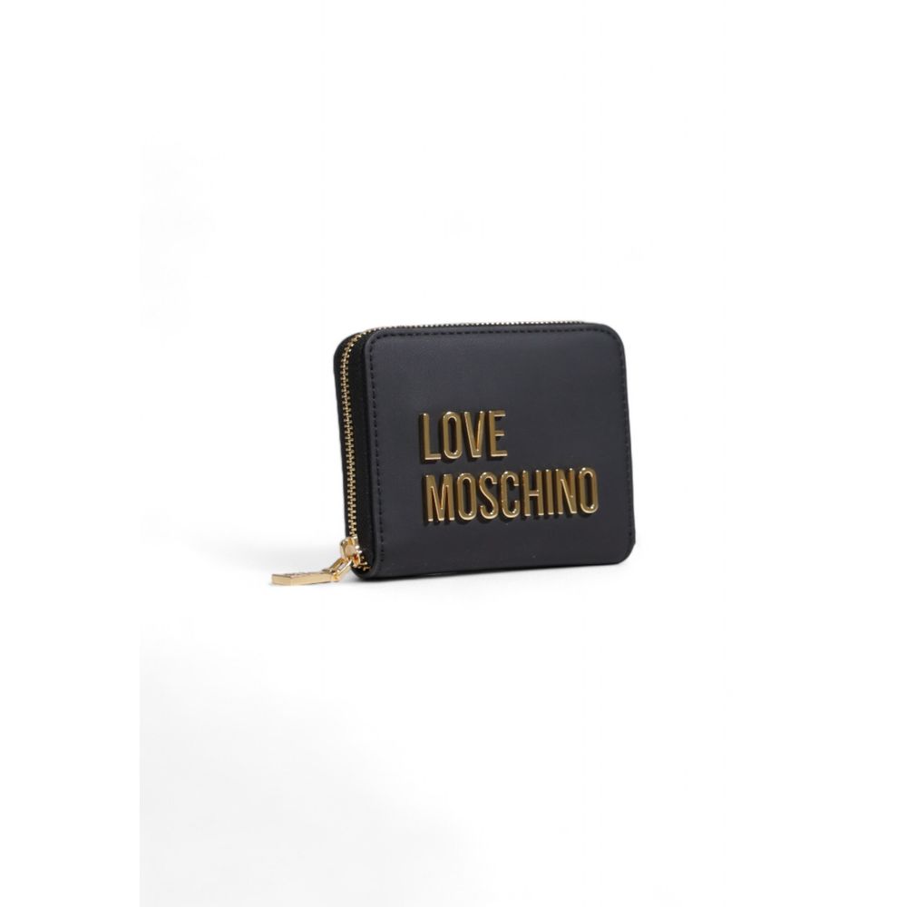 Wallet by Love Moschino for women in polyethylene & polyurethane black & gold presents a refined silhouette, artfully capturing the essence of the Polyethylene & Polyurethane Wallet design with sophisticated compact-design zip-around for a refined look.