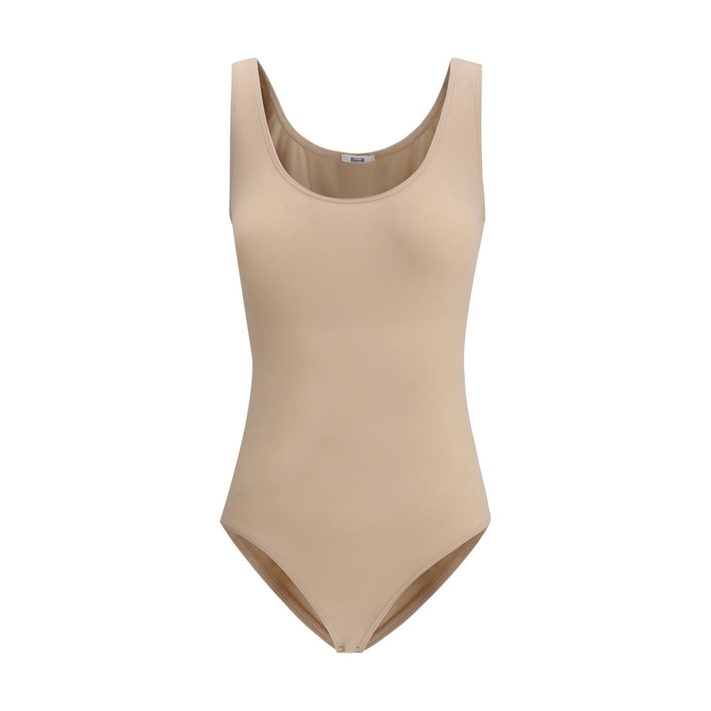 Bodysuit by Wolford for women in polyamide velvet beige features an exquisite silhouette with a refined round neckline and exquisite sleeveless detailing.