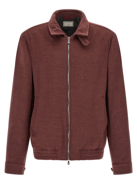 This Bomber Jacket by Brunello Cucinelli for men in virgin wool bordeaux exhibits a edgy silhouette, meticulously detailed with functional and a edgy shirt-collar neckline for a edgy finish.