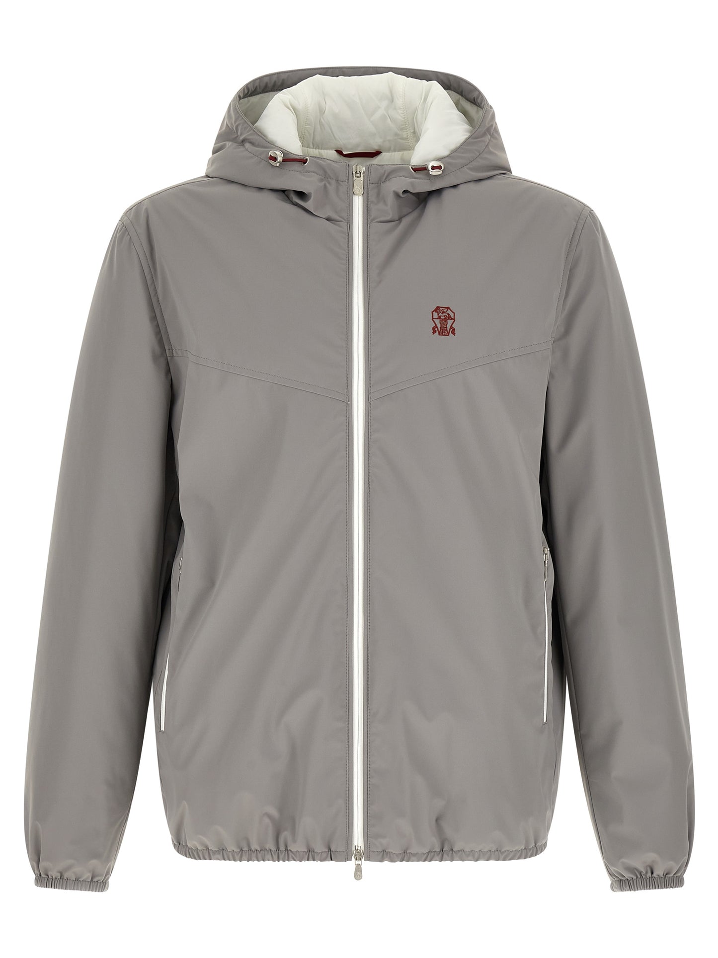 Hooded Windbreaker Jacket by Brunello Cucinelli for men in stretch nylon gray & white presents a resilient silhouette, artfully detailed with a sophisticated hooded neckline and functional pockets, hooded, insulated & windproof for a resilient finish.