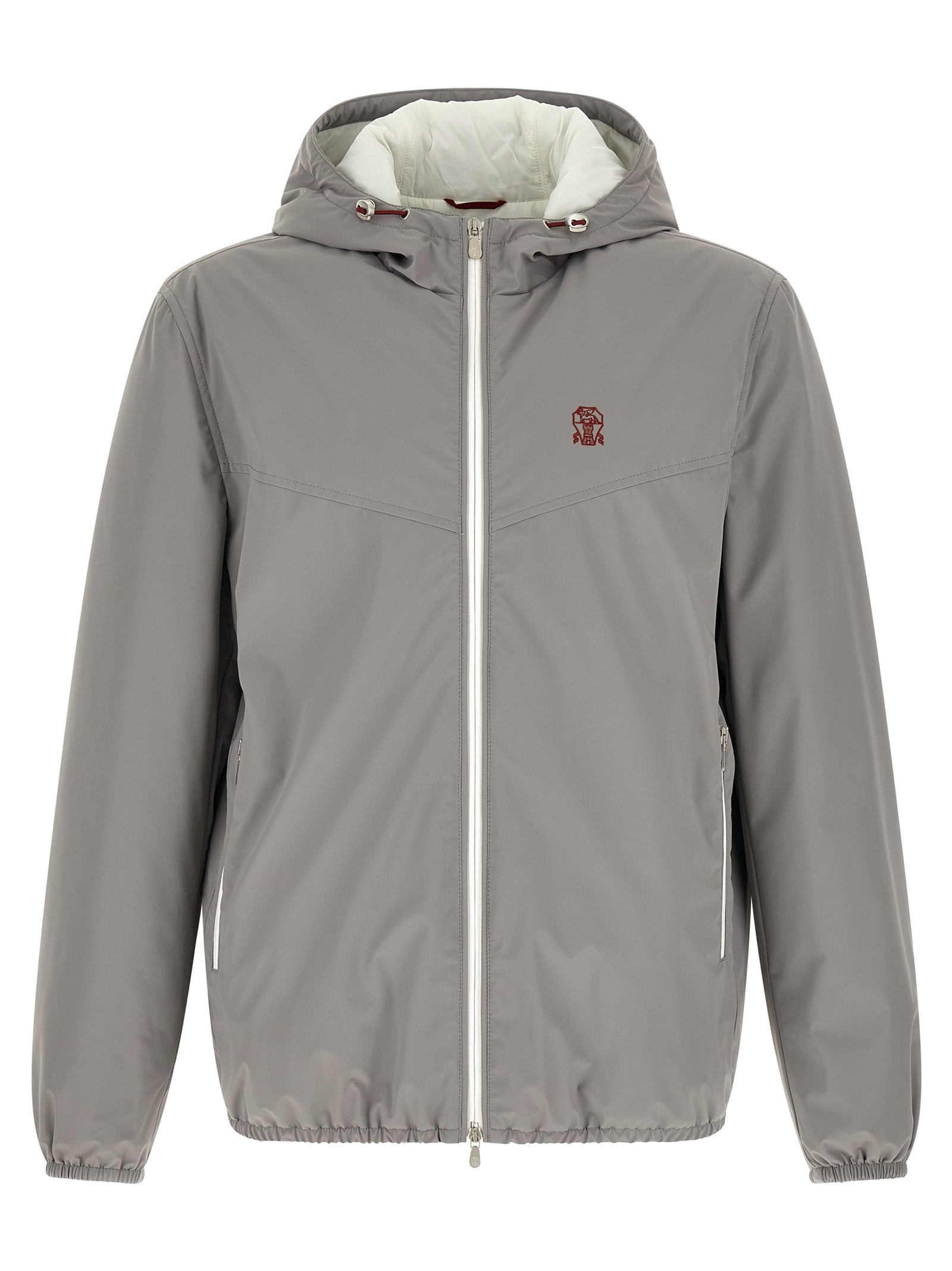 Hooded Windbreaker Jacket by Brunello Cucinelli for men in stretch nylon gray & white presents a resilient silhouette, artfully detailed with a sophisticated hooded neckline and functional pockets, hooded, insulated & windproof for a resilient finish.