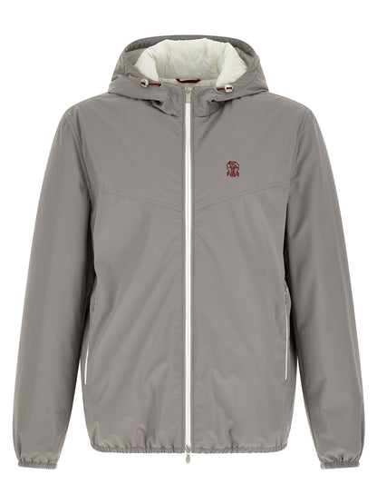 Hooded Windbreaker Jacket by Brunello Cucinelli for men in stretch nylon gray & white presents a resilient silhouette, artfully detailed with a sophisticated hooded neckline and functional pockets, hooded, insulated & windproof for a resilient finish.