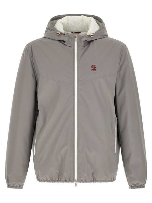Hooded Windbreaker Jacket by Brunello Cucinelli for men in stretch nylon gray & white presents a resilient silhouette, artfully detailed with a sophisticated hooded neckline and functional pockets, hooded, insulated & windproof for a resilient finish.