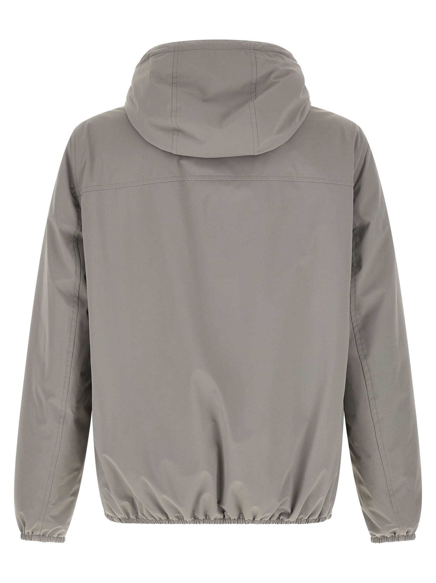Hooded Windbreaker Jacket by Brunello Cucinelli for men in stretch nylon gray & white features an stylish silhouette, showcasing a sophisticated hooded neckline and performance-driven pockets, hooded, insulated & windproof for a premium, stylish look.