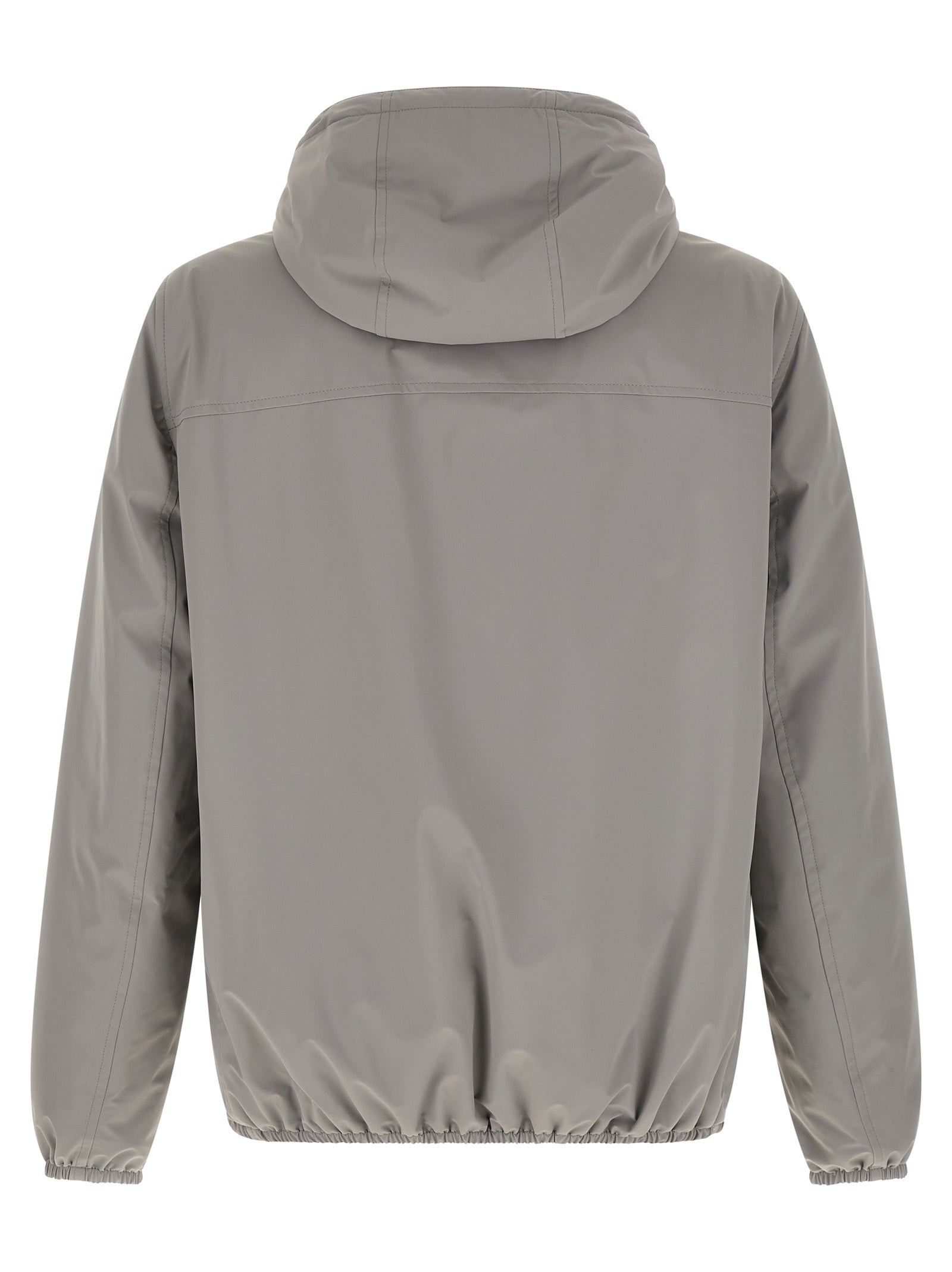 Hooded Windbreaker Jacket by Brunello Cucinelli for men in stretch nylon gray & white features an stylish silhouette, showcasing a sophisticated hooded neckline and performance-driven pockets, hooded, insulated & windproof for a premium, stylish look.