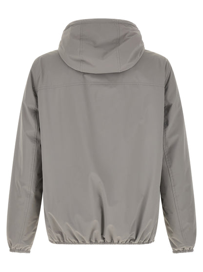 Hooded Windbreaker Jacket by Brunello Cucinelli for men in stretch nylon gray & white features an stylish silhouette, showcasing a sophisticated hooded neckline and performance-driven pockets, hooded, insulated & windproof for a premium, stylish look.