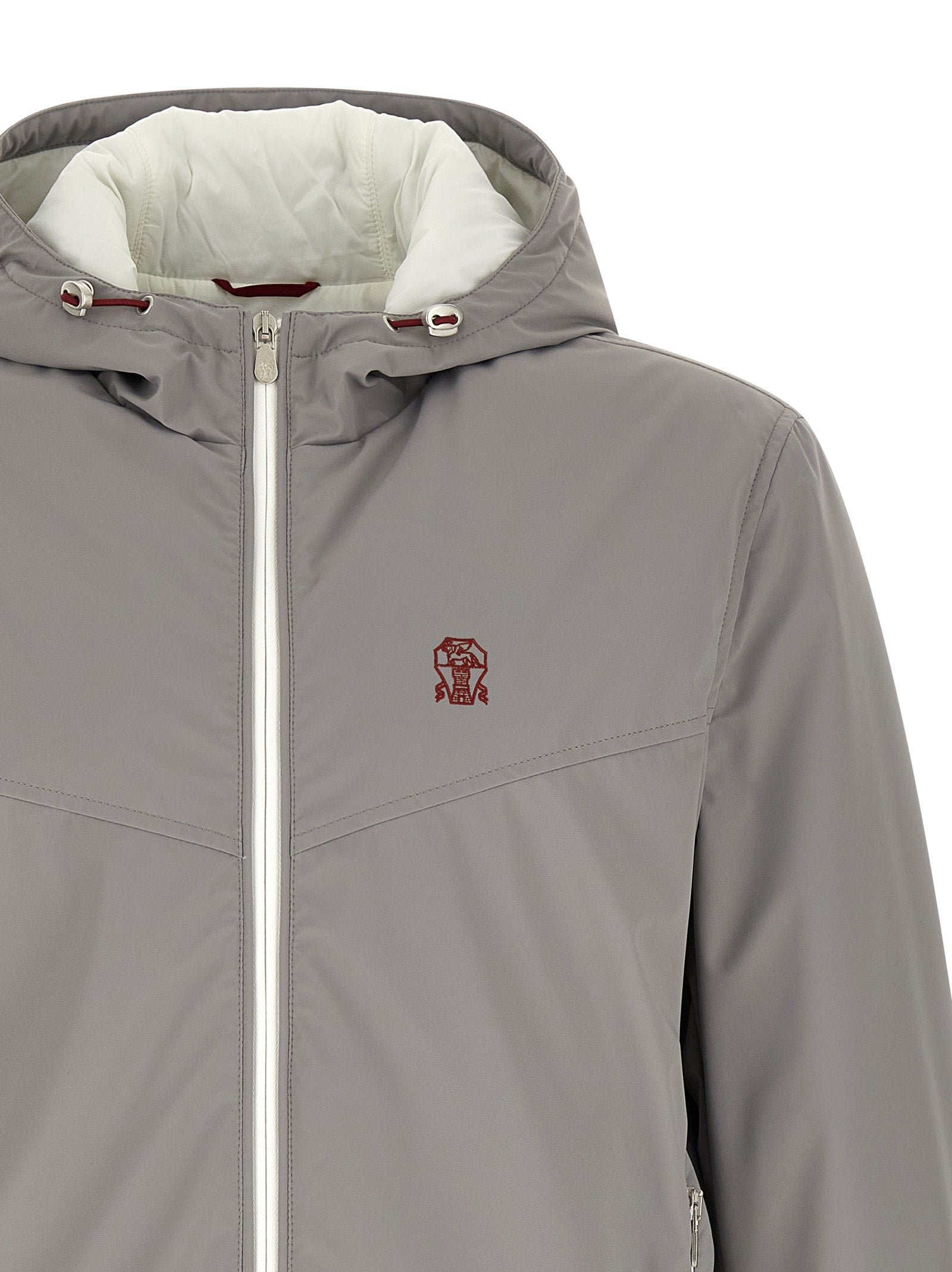 Hooded Windbreaker Jacket by Brunello Cucinelli for men in stretch nylon gray & white features an magnificent silhouette, showcasing the sophisticated hooded neckline and functional pockets, hooded, insulated & windproof for a premium, magnificent look.